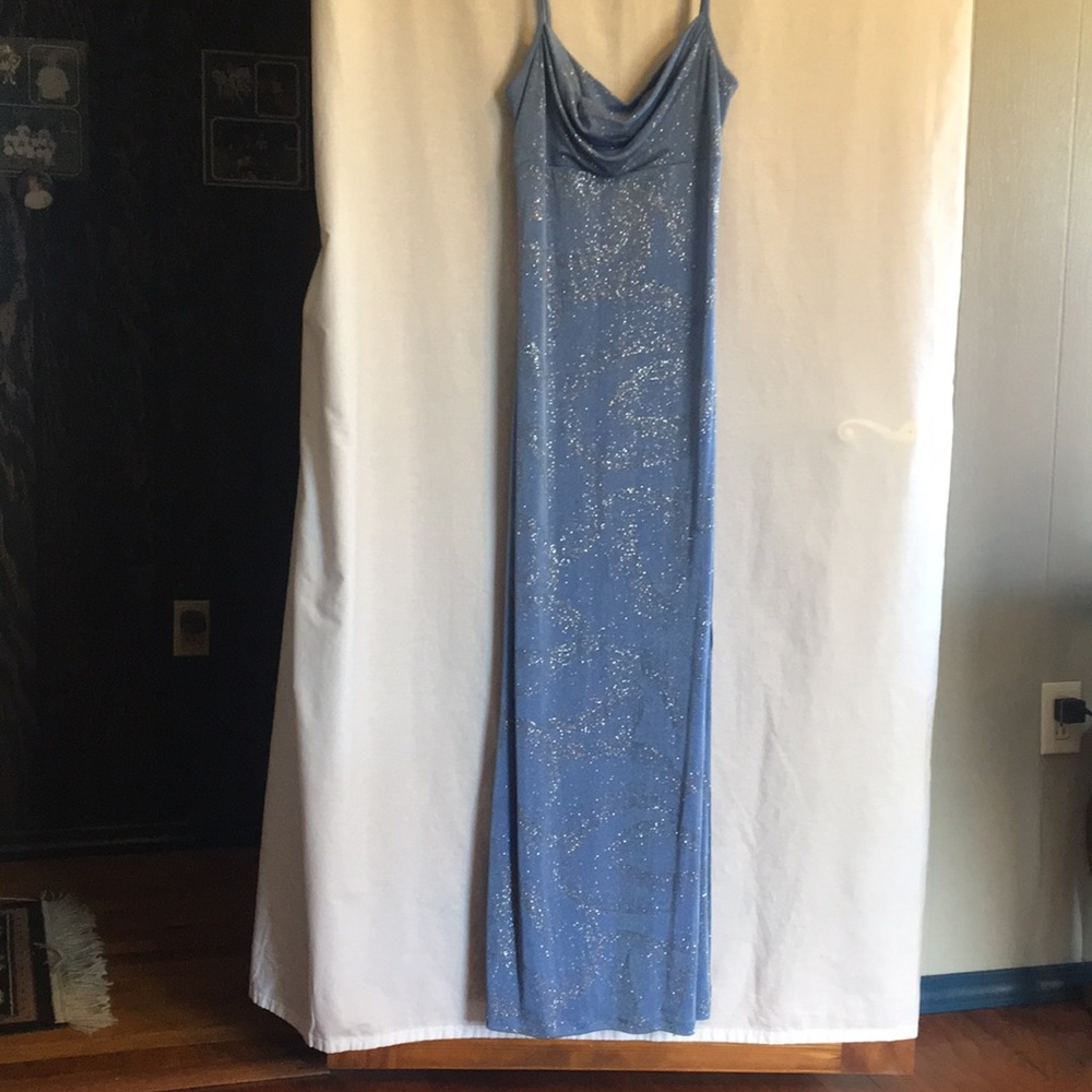 Elegant Blue Sparkle Cowl Neck Prom Dress